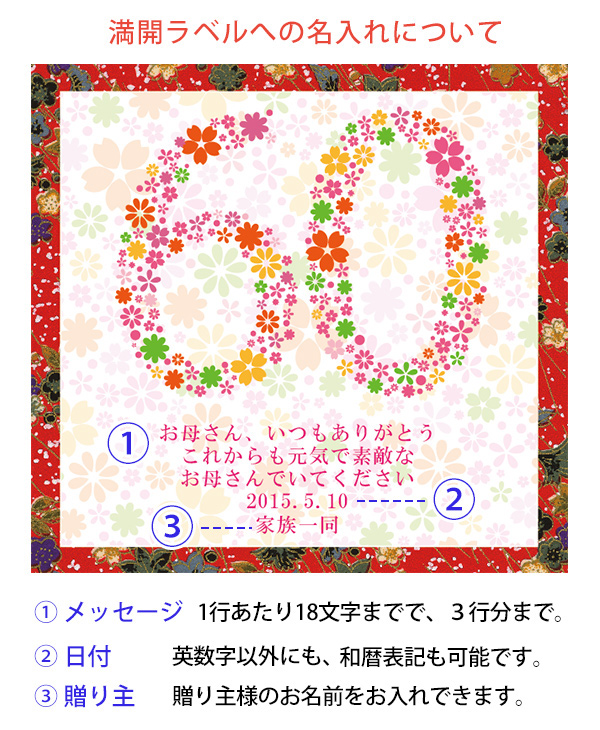祝寿満開 女性(母)の還暦祝いプレゼントに赤い日本酒 KH0159 満開ラベルの名入れについて